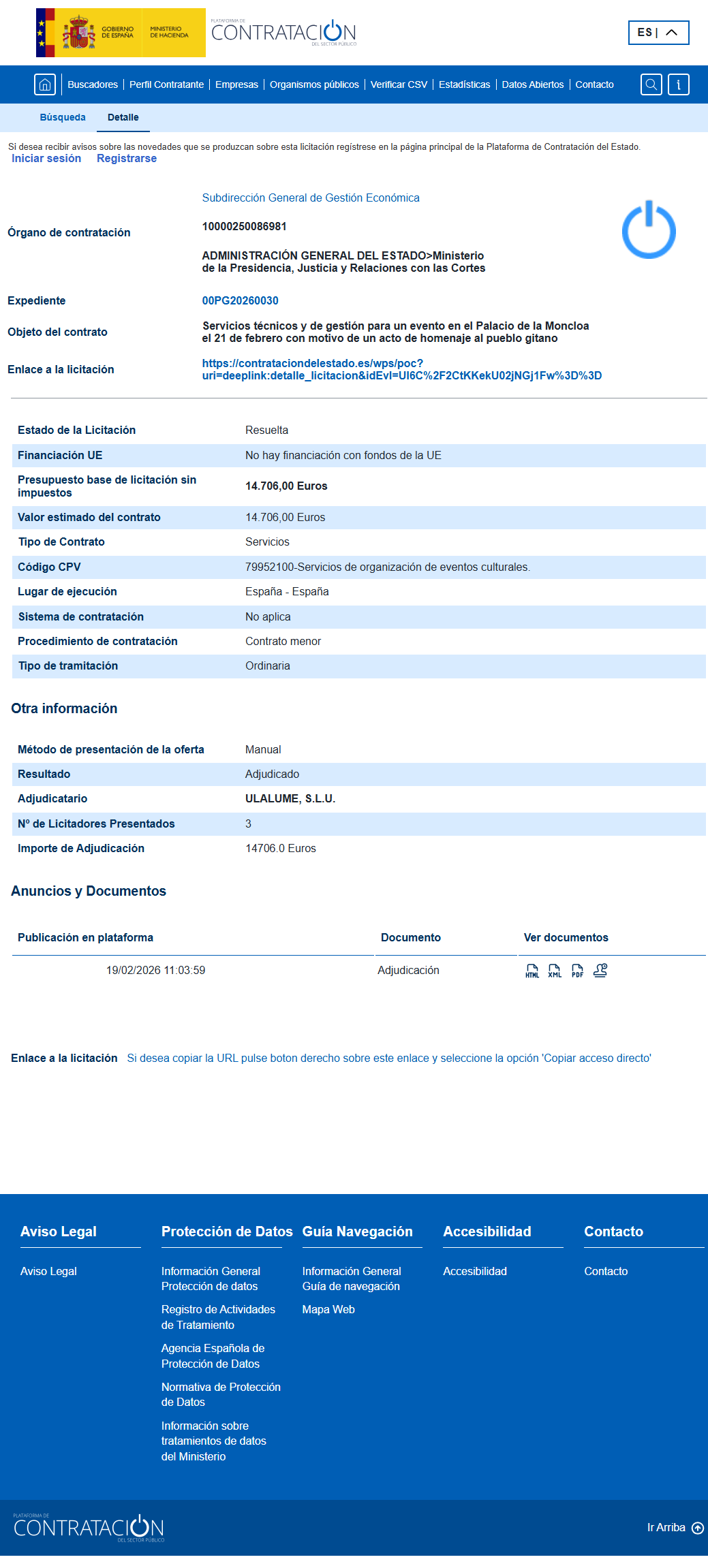 Ficha oficial contrato Moncloa 00PG20260030 — Homenaje Pueblo Gitano