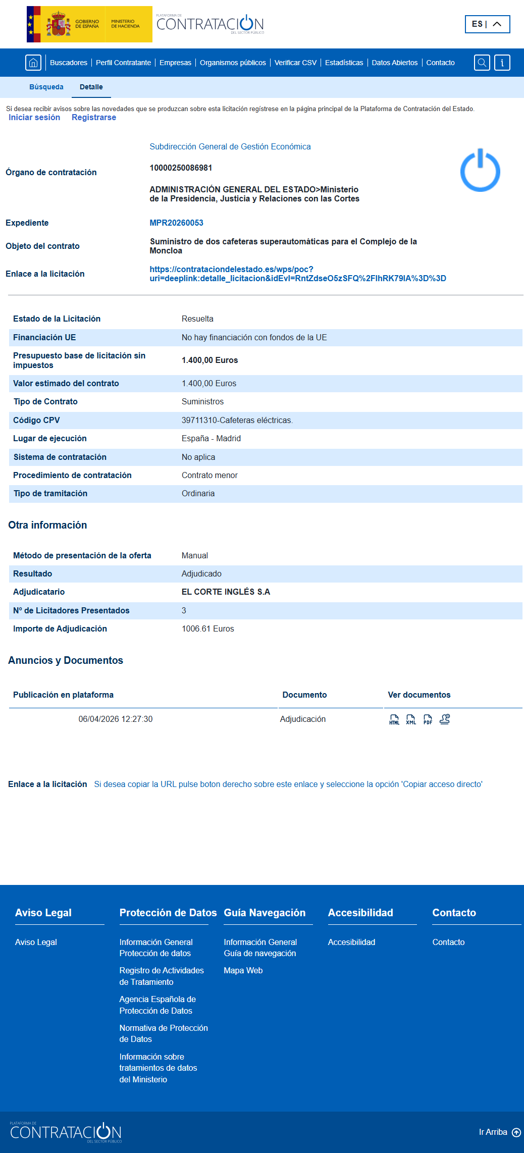 Ficha oficial contrato Moncloa MPR20260053 — Cafeteras superautomáticas